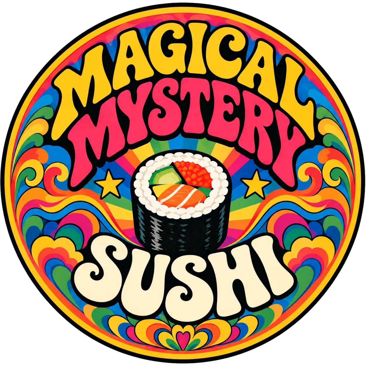 Logo Magical Mystery Sushi: roll di sushi tra scritte psichedeliche